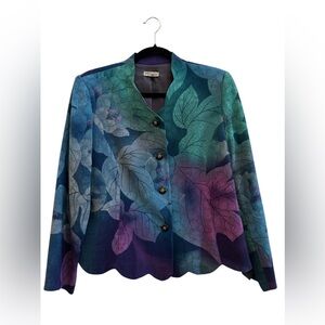 Fashion Gen Floral Jacket Scalloped Hem Leaf Print Cropped Blazer M